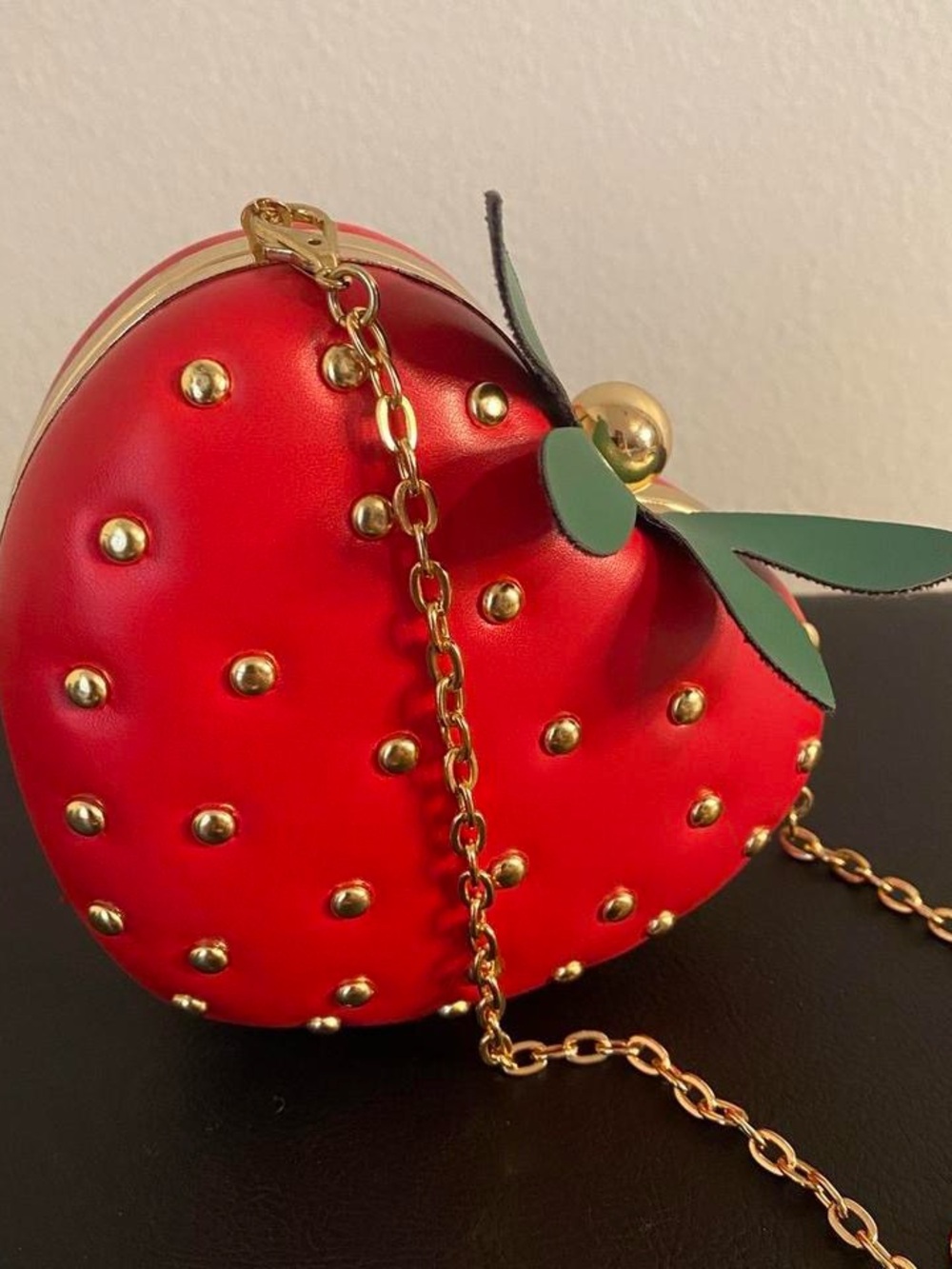 Red Strawberry Crossbody Bag with Gold Studs